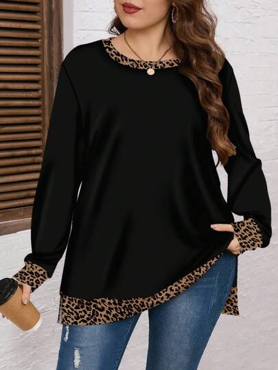 EMERY ROSE Women's Plus Size Colorblock Round Neck Casual Drop Shoulder Sweatshirt Graduation,Back To School Outfits,Graduation,Teacher Outfits For Women,Back To School Winter Fall Autumn Women Long Sleeve Tops Long Sleeve Black Top Long Sleeve Blouses Leopard Print Tops Cheetah Print Tops Animal Print Top