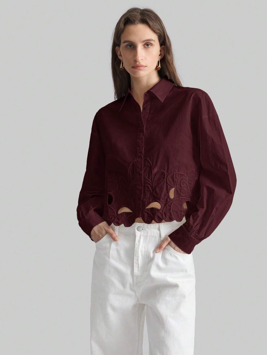 Ontre 2025秋冬女款安卡拉红色镂空刺绣下摆短款长袖衬衫，现代优雅都市商务休闲办公装，约会之夜，派对，婚礼宾客，生日，万圣节，圣诞节，波西米亚海滩度假风，棕色上衣