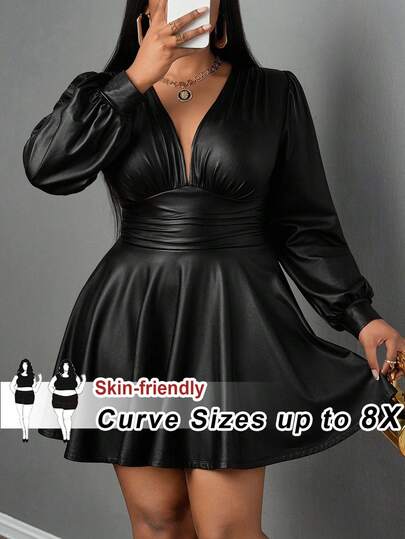 SHEIN CURVE+ Curve Plus Size/Autumn Clothes /Fall Women Clothes/Winter Clothes For Women/Winter ClothesPlus Size Deep V-Neck PU Leather Dress, Casual Punk Style, Suitable For Halloween, Dark, Black Dress Plus Size Dress Plus Size Faux Leather Dress Plus Size V Neck Dress Plus Size Club Dress Curvy Dress/Autumn /Winter