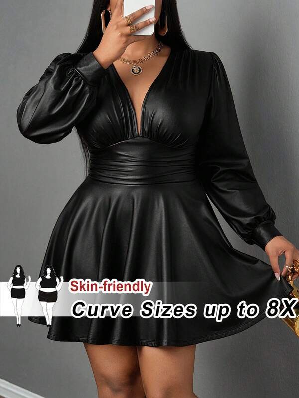 SHEIN CURVE+ Curve Plus Size/Autumn Clothes /Fall Women Clothes/Winter Clothes For Women/Winter ClothesPlus Size Deep V-Neck PU Leather Dress, Casual Punk Style, Suitable For Halloween, Dark, Black Dress Plus Size Dress Plus Size Faux Leather Dress Plus Size V Neck Dress Plus Size Club Dress Curvy Dress/Autumn /Winter