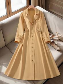 SHEIN Clasi Gaun Ukuran Besar Warna Polos Kerah Berlekuk Kancing Depan Lengan Panjang, Musim Gugur - Khaki - View 1