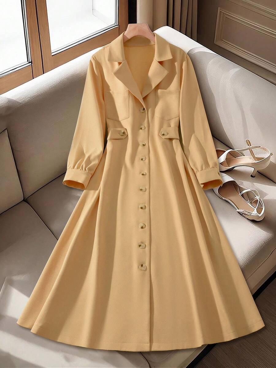 SHEIN Clasi Gaun Ukuran Besar Warna Polos Kerah Berlekuk Kancing Depan Lengan Panjang, Musim Gugur - Khaki - View 1