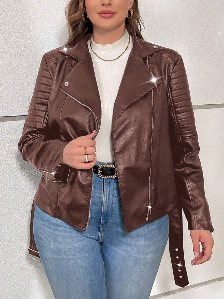 SHEIN Privé Plus Size Elegant Casual Personalized High Street Music Festival Long Sleeve Blazer Lapel Pocket PU Embossed Jacket, Suitable For Holiday, New Year, Party, Elegant Office Wear Autumn Winter Clothes For Women