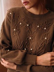 MOTF PREMIUM FLORAL PATTERN FAUX PEARL DETAIL SWEATER - Brown - View 3