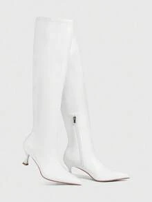 CUCCOO SZL 女士秋冬新款白色时尚超高过膝靴，百搭尖头小猫跟优雅简约弹力过膝靴 - 白色 - 查看 2