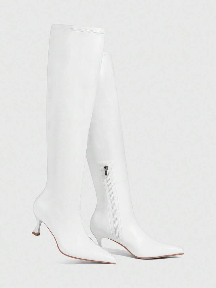 CUCCOO SZL Women's Autumn/Winter New White Fashion Super High Over-The-Knee Boots, Versatile Pointed Toe Kitten Heel Elegant Minimalist Elastic Thigh High Boots For Christmas Spring Shoes