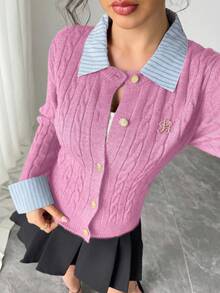 Zielony Fashionable Blogger-Inspired 2 In 1 Patchwork Knit Cropped Cardigan, European And American Style Pastel Retro Preppy 90s Aesthetic Cardigan - Pink - View 8