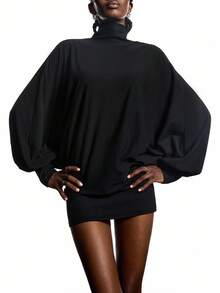 LYSMO 女士纯色高领蝙蝠袖长袖露背宽松T恤 - 黑色 - 查看 3