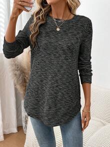 SHEIN LUNE 女式不对称下摆花卉网眼华夫格纹理休闲运动家居服优雅套头衫，适合秋冬季 - 深灰色 - 查看 3