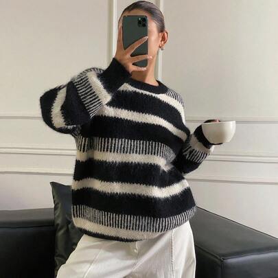 여성용 루즈핏 스트라이프 크루넥 풀오버 스웨터, 캐주얼 어반 스타일