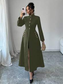 Selianne Women's Solid Color Regular Shoulder Long Sleeve Fashionable Turtleneck Long Overcoat - Army Green - View 5