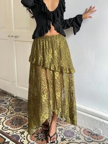 Sunnyshic Chân váy nữ ren phối ren, vạt lệch, xếp ly, cạp thấp. - xanh quân đội - Xem 7