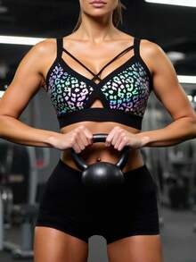 Innovista 女士时尚豹纹镂空交叉运动文胸 - 黑色 - 查看 4