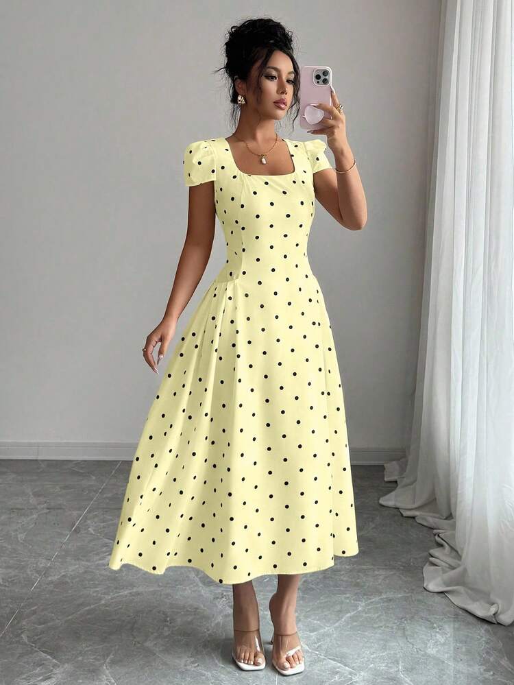 Elenzga Women's Elegant Polka Dot Print Ruched Waist Square Neck Short Sleeve Maxi Dress - Yellow - View 6