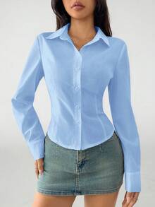 SHEIN EZwear 大码女士休闲商务简约百搭纯色长袖修身衬衫，适合工作通勤，春秋季 - 淺藍色 - 查看 6