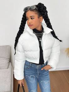 SHEIN 秋冬款青少年女孩休闲舒适宽松短款棉服外套 - 白色 - 查看 4