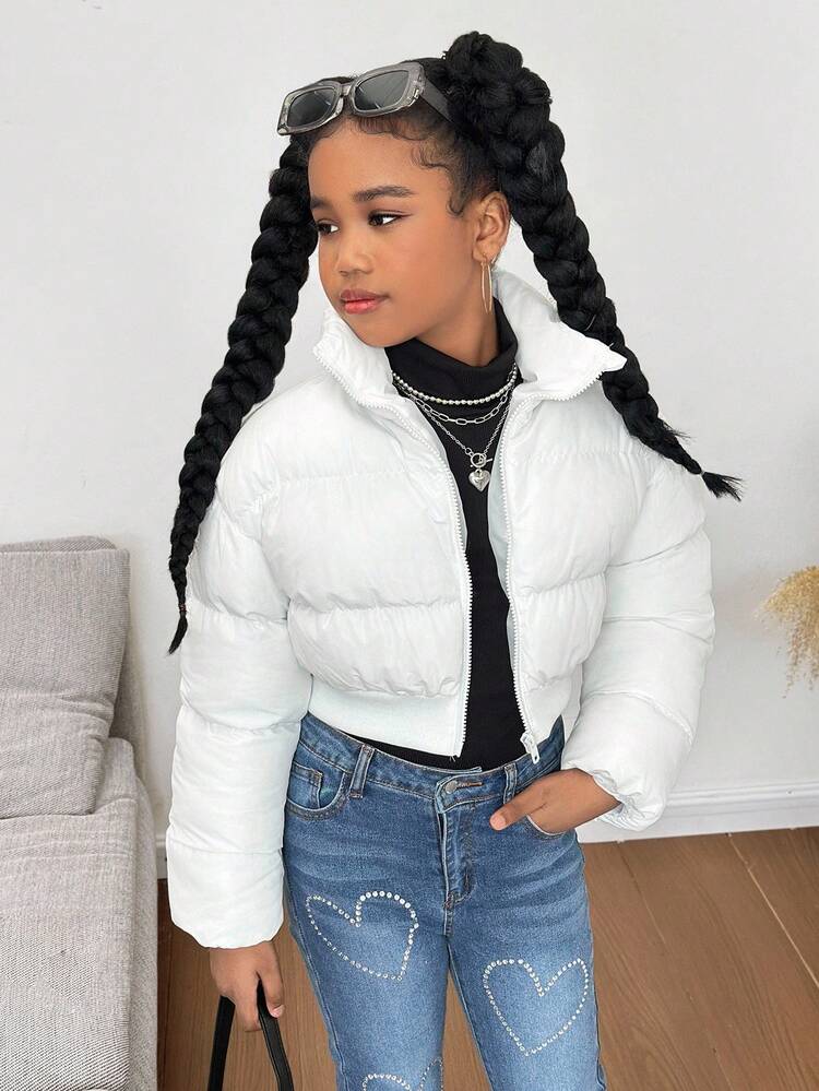 SHEIN 秋冬款青少年女孩休闲舒适宽松短款棉服外套 - 白色 - 查看 4