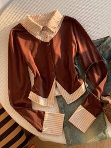 Comfortcana Camiseta feminina casual versátil 2 em 1 justa manga curta longa - Castanho - Ver 4