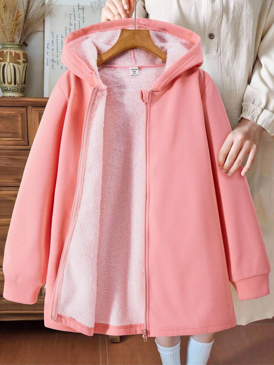 SHEIN Explorewe Tween Girls' Long Sleeve Hooded Zip-Up Cardigan, Mid-Length Snug Fit Design, Polar Thermal Lined, Cute Pink Color, Suitable For Daily, Casual, Outdoor, Commuting, Detailed Craftsmanship, Christmas, Halloween, Autumn/Winter New Arrival - Pink - View 1