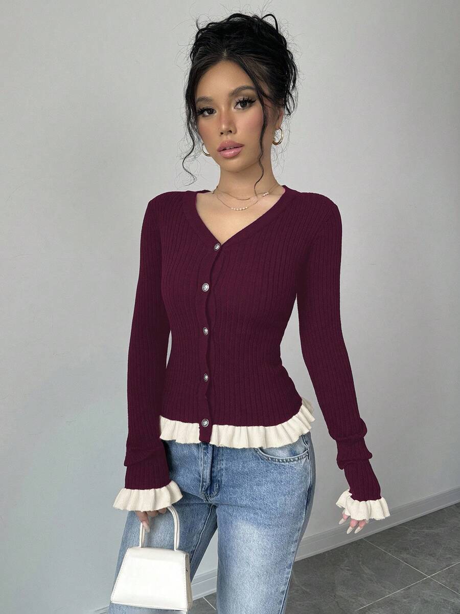 Elenzga Cárdigan de punto con volantes y contraste de color para mujer en otoño - Rojo violeta - Ver 1