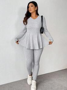 Vionelle Plus Size Solid Color Crew Neck Sweatshirt And Slim Fit Pants Casual Outfit Fall Cloth For Women - Light Grey - View 6