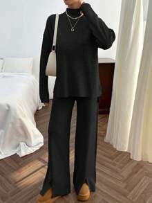 EURMUSE Rib Pattern Pocket Pullover Pant Knit Set - Black - View 4