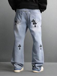 SUMWON Cotton Chrome Cross Design Light Wash Flared Denim Jeans Gothic Print Baggy Pants For All Seasons Street Style Custom Handcrafted Fashion