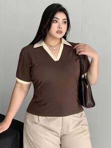 Dazy Petite Plus Color Block Collar Fitted Cropped T-Shirt, Brown, Spring/Summer - Brown - View 5