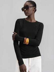 Ontre 2025秋冬季女士办公服饰、婚礼宾客、生日、教师制服、夜店装扮，复古休闲风上衣，针织面料，宽松版型，夏季休闲装，日常穿着，新品上市，女士休闲纯色拼接二合一T恤，黑色上衣 - 黑色 - 查看 5