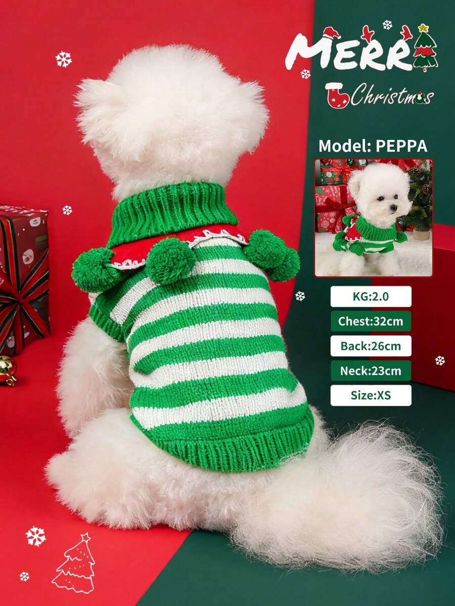 PETSIN 1pc Pet Green And White Striped Christmas Sweater, Cute Cats And Dogs Wearing Warm Autumn And Winter Clothes - Green and white stripes - View 1