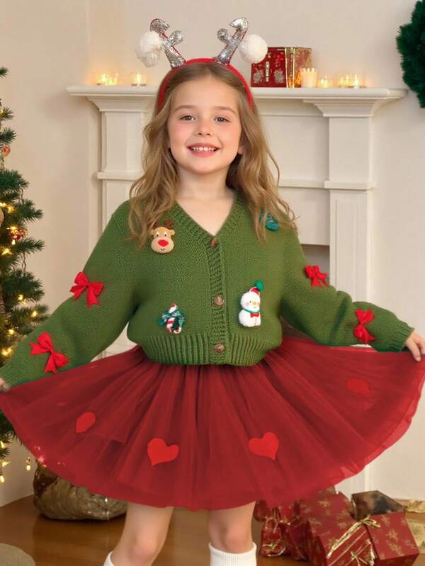 女孩圣诞娃娃装饰V领开衫毛衣灯笼袖长袖短款宽松针织毛衣外套适合派对秋冬