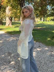 Jeta Ari 女式花卉提花宽松时尚喇叭袖衬衫 - 杏色 - 查看 6