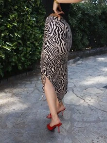Gretanique Women Music Festival Outfits Zebra Print Side Drawstring Slit Hem Skirt - Khaki - View 3