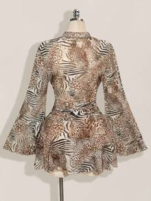 SHEIN ICON Áo cánh tay loe họa tiết da báo cỡ lớn dành cho nữ trong lễ hội âm nhạc, váy ngắn chữ A xẻ tà họa tiết da báo, thích hợp cho tiệc tùng, hẹn hò, dạo phố, kỳ nghỉ thành phố, lễ hội âm nhạc, bãi biển vào mùa hè - màu nâu - Xem 2