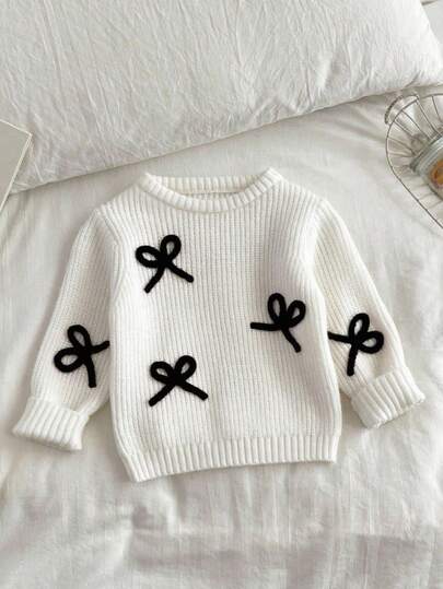 SHEIN Vintaside Kids Suéter de punto con lazo versátil y elegante para niña joven