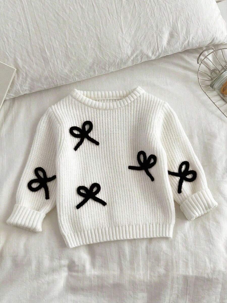SHEIN Vintaside Kids 适合年轻女孩的时尚百搭可爱蝴蝶结针织套头衫 - 白色 - 查看 1