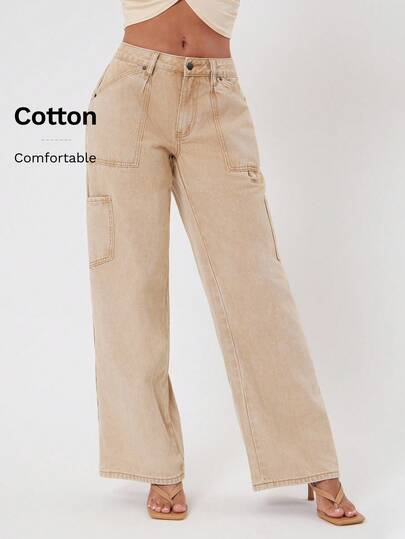 NYA SZN Pantalones vaqueros de pierna ancha con lavado de mezclilla, estilo utilitario con bolsillos y presilla para martillo, estilo callejero, atuendos de otoño, regreso a la escuela, Acción de Gracias, Navidad, Año Nuevo para mujeres