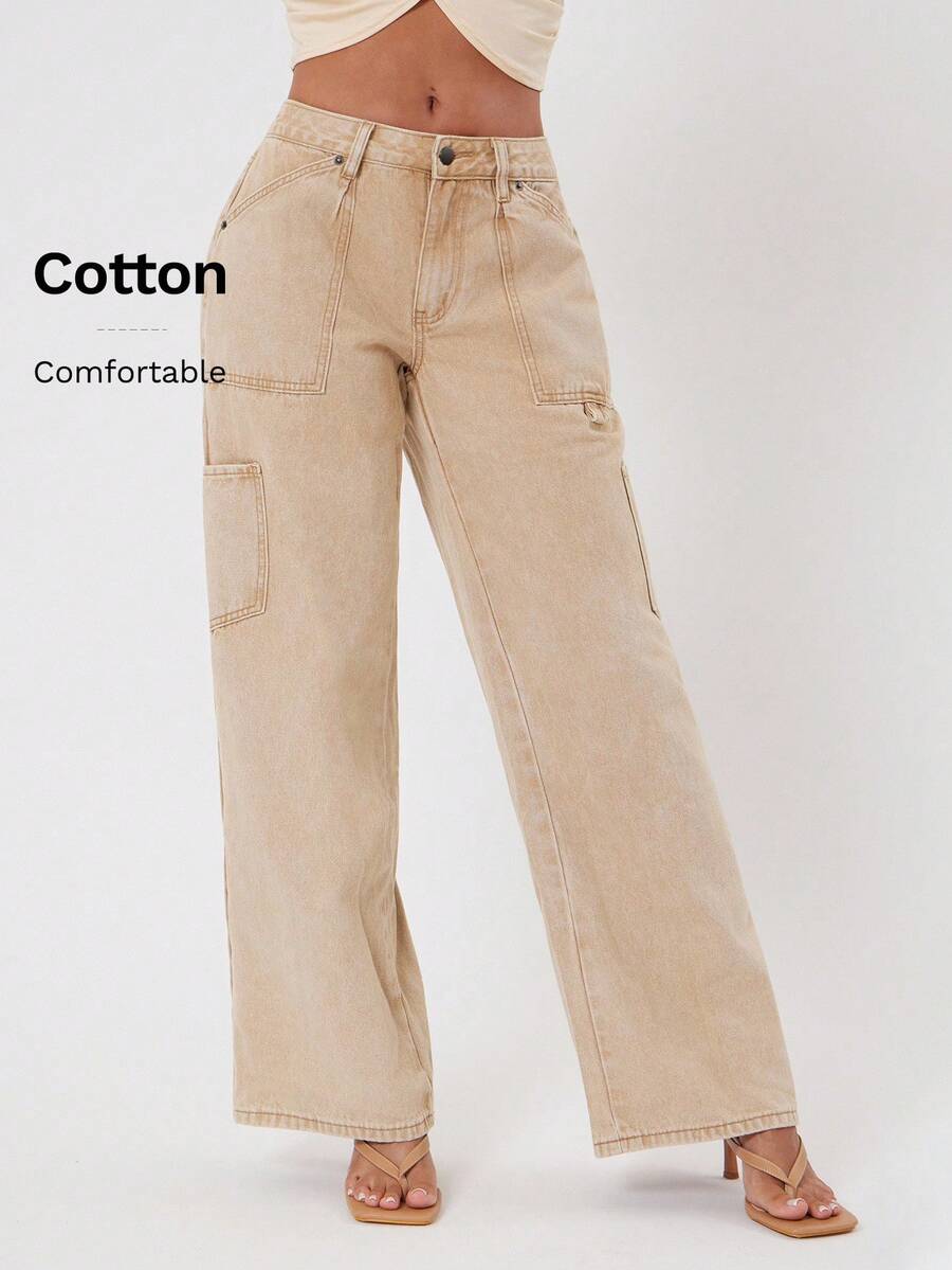 NYA SZN Washed Wide Leg Utility Cargo Jeans With Pockets & Hammer Loop Street Style Fall Denim Back To School Uniform Statement Festival Kings Day - Apricot - View 1