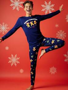Conjunto de pijama ajustado para adolescentes varones, camiseta de manga larga azul marino con gráfico de hombre de jengibre juguetón, pantalones a juego azul marino con estampado de hombre de jengibre y árbol de Navidad, hecho de tela de punto elástica, perfecto para usar en interiores durante la temporada navideña