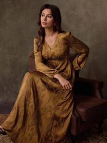 Lilora Elegant Satin Jacquard Deep V-Neck Waist Cinched Long Sleeve Women's Long Dress,Dresses For Women Elegant