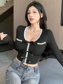 DAZY 秋季新款蝴蝶结装饰修身女式T恤长袖上衣 - 黑色 - 查看 5