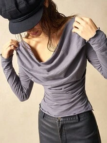 SHEIN BohoFeels Áo thun boho cổ thuyền tay dài màu trơn đơn giản dành cho nữ - Xám - Xem 6