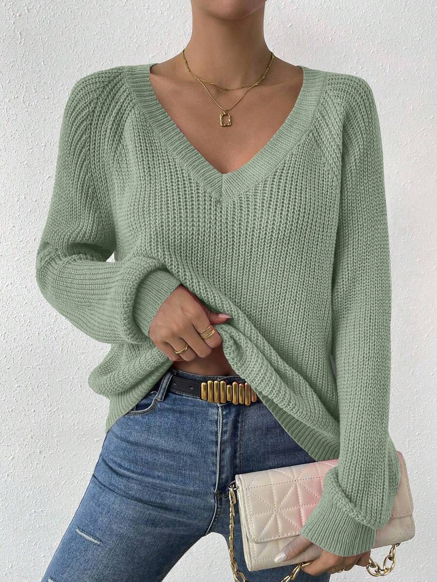 EMERY ROSE Women's Solid Color V-Neck Raglan Sleeve Casual Loose Knit Sweater, Autumn - Green - View 1