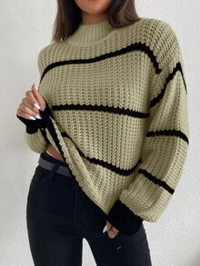 Celisse 女士休闲通勤条纹立领落肩宽松灯笼袖罗纹针织套头衫，秋冬 - 杏色 - 查看 7