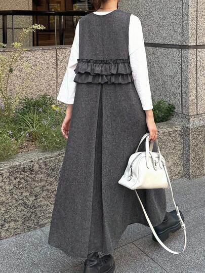 FRIFUL Women's Woolen Fabric Layered Ruffle Trim Back Dress, Autumn