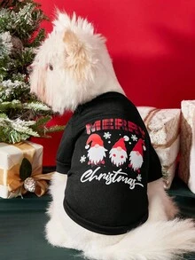 PETSIN 1 件宠物圣诞猫狗通用可爱圣诞小妖精圣诞快乐英文印花图案黑色抓绒保暖舒适狗狗圣诞服 - 黑色 - 查看 2