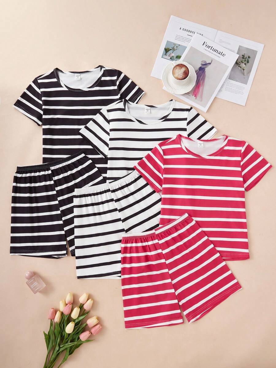 Snug Zone Casual Striped Short Pajama Sets With Round Neck And Short Sleeves For Tween Girls - Multicolor - View 1