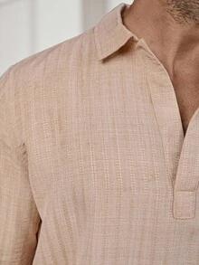 Manfinity Homme Men's Striped Casual Loose Half-Placket Polo Neck Shirt Men Cream Shirt, For Fall - Camel - View 3