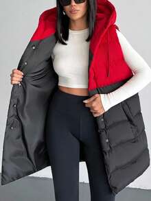 EURMUSE Woman 2 Colored Dark Red Sleeveless Padded Drawstring Detailed Hoody Neck Front Snap Button Up Midi Length Autumn Coat Casual Baggy Everyday Hiking - Multicolor - View 8