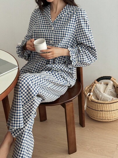 DAZY 2 piezas Conjunto de pijama de mujer con pantalón y blusa de manga larga holgada a cuadros con volantes para invierno y otoño